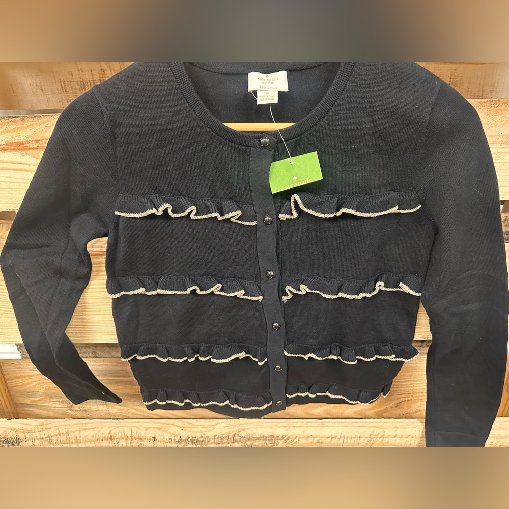 KATE SPADE NWT Skirt the Rules Cardigan Sweater Black Gold Ruffle Girls Size 14